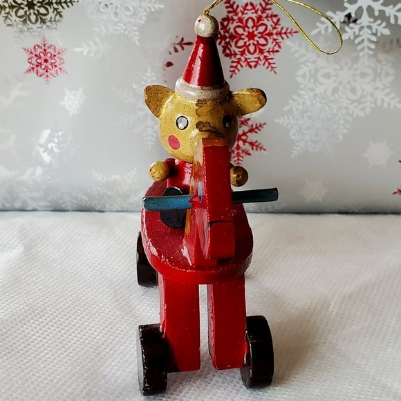 Vintage Wooden Bear Riding a Red Wooden Rolling Horse Toy Christmas Ornament - Picture 3 of 12